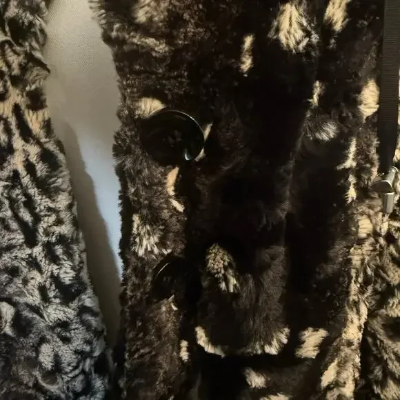 La Seine Black & White Faux Fur Leopard Coat Women’s Large Cropped Winter Jacket - Picture 12 of 14